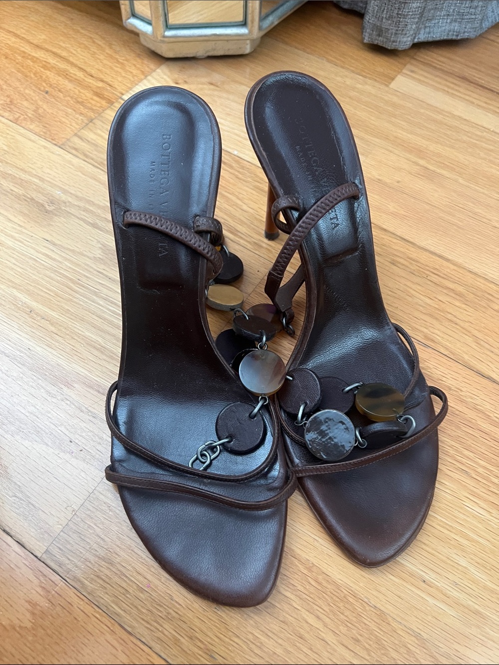 Bottega Veneta Brown Strappy Stiletto Sandals with Red Accent
